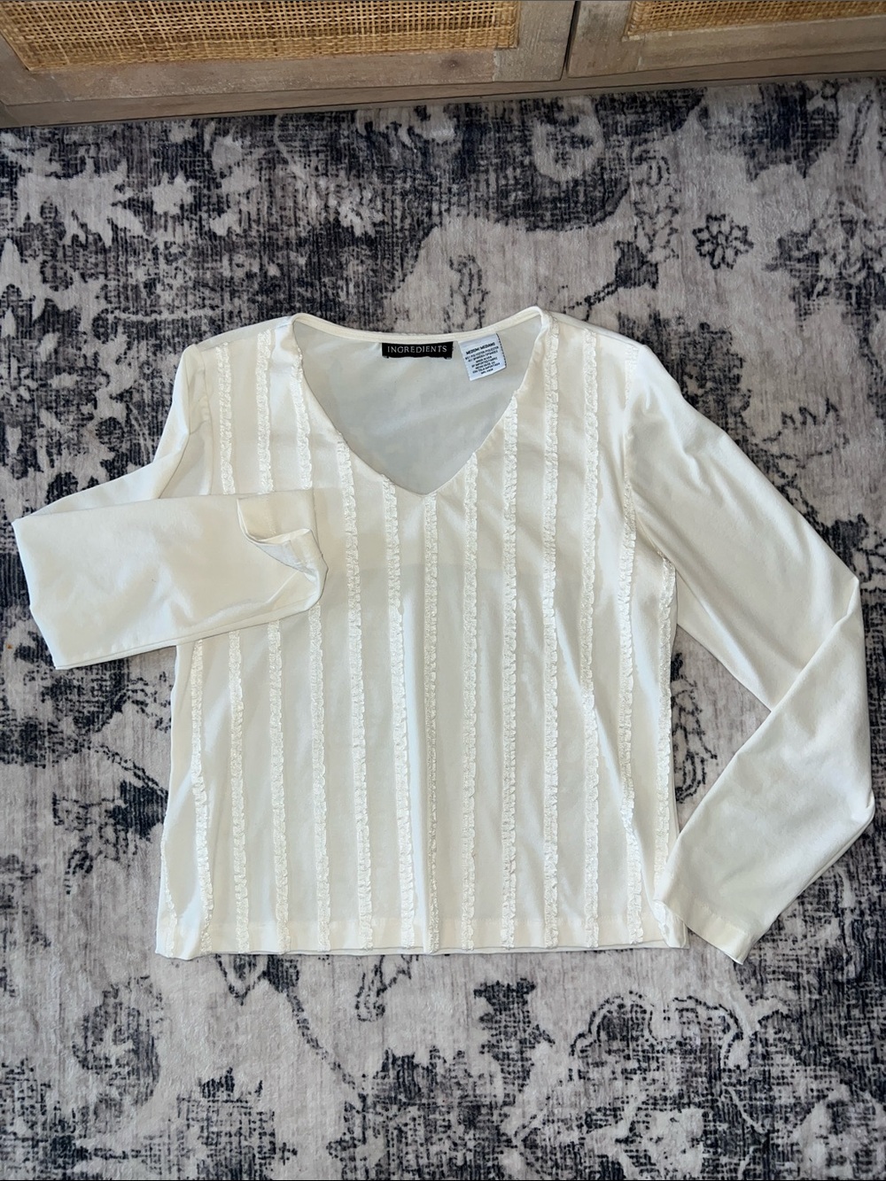 Ingredients Cream V-Neck Long Sleeve Lace-Striped Top